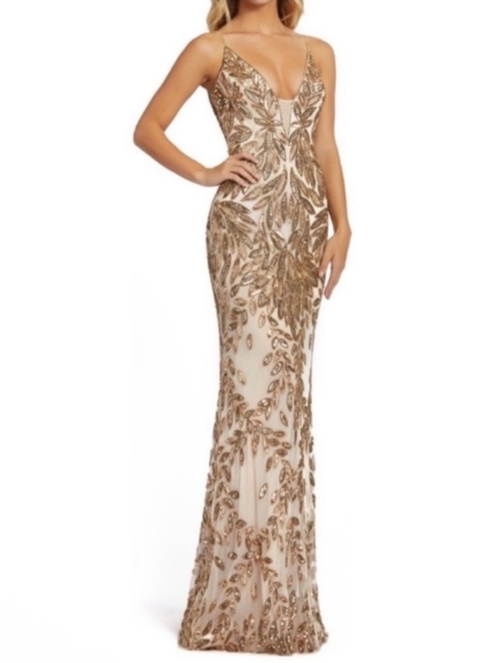 MAC DUGGAL Embellished Leaf Evening Gown NEW Size 12 Nude Gold Dress